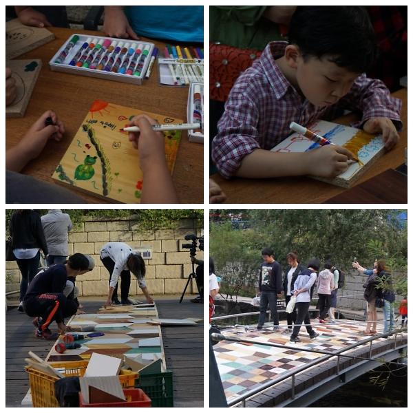 폐목재에 그림을 그리고 있는 아이들 모습과 다리에 그림을 설치하는 모습