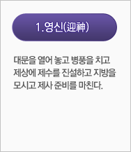 영신(迎神):대문을 열어 놓고 병풍을 치고 제상에 제수를 진설하고 지방을 모시고 제사 준비를 마친다.