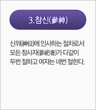 참신(參神):신위(神位)에 인사하는 절차로서 모든 참사자가 다같이 두번 절하고 주부이하 여자는 네번 절한다.