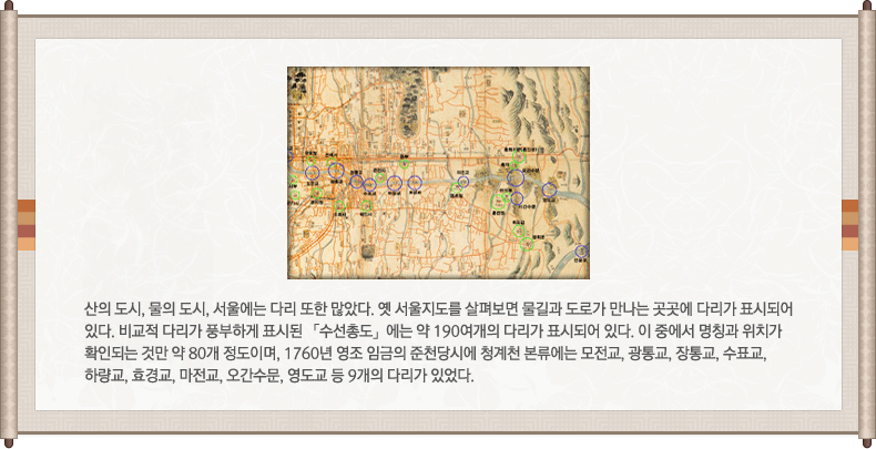 옛날 고서의 다리 표시, 산의 도시, 물의 도시, 서울에는 다리 또한 많았다. 옛 서울지도를 살펴보면 물길과 도로가 만나는 곳곳에 다리가 표시되어 있다. 비교적 다리가 풍부하게 표시된 「수선총도」에는 약 190여개의 다리가 표시되어 있다. 이 중에서 명칭과 위치가 확인되는 것만 약 80개 정도이며, 1760년 영조 임금의 준천당시에 청계천 본류에는 모전교, 광통교, 장통교, 수표교, 하량교, 효경교, 마전교, 오간수문, 영도교 등 9개의 다리가 있었다.