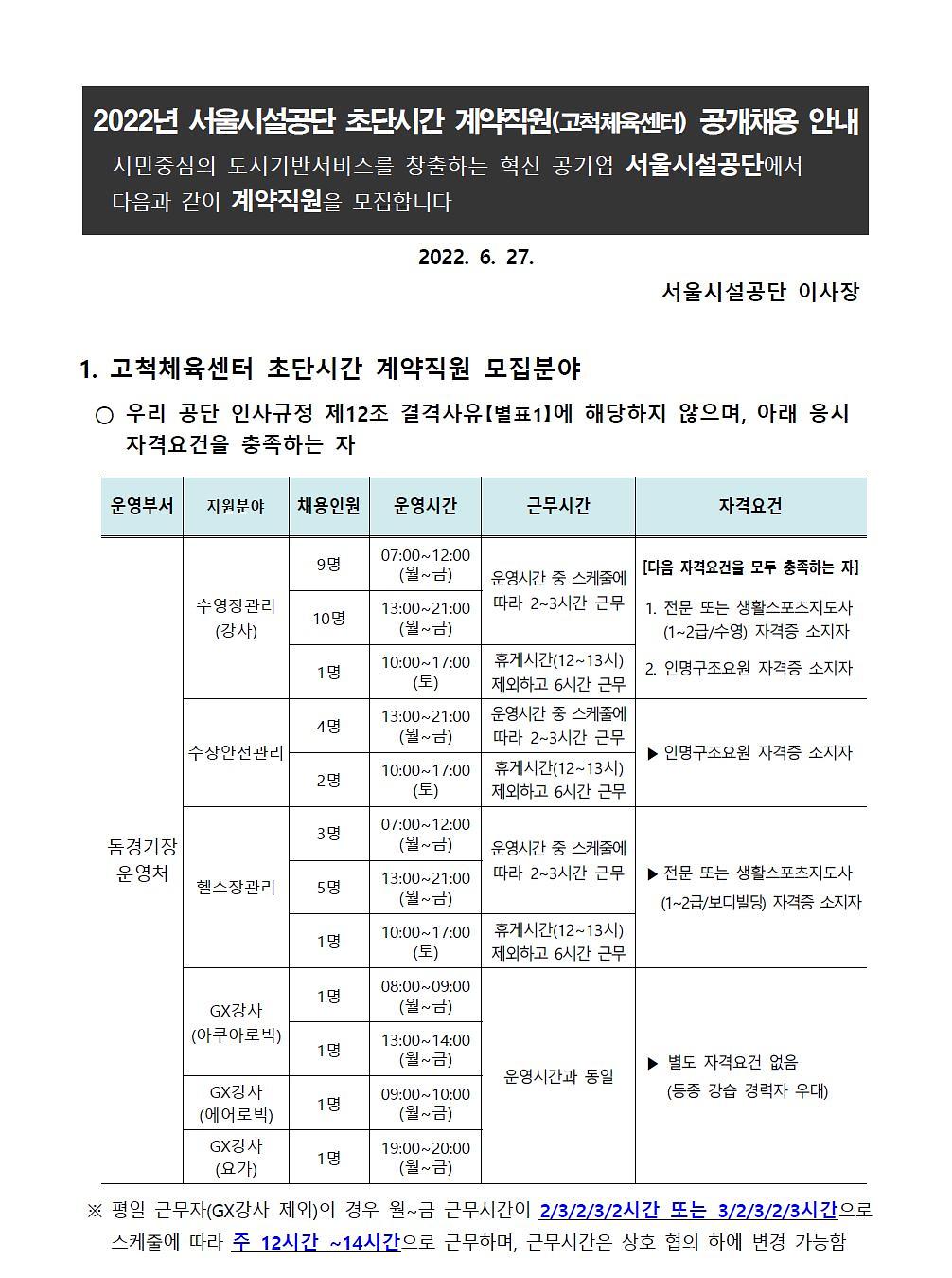 2022년 서울시설공단 초단시간 계약직원(고척체육센터) 공개채용 공고 1