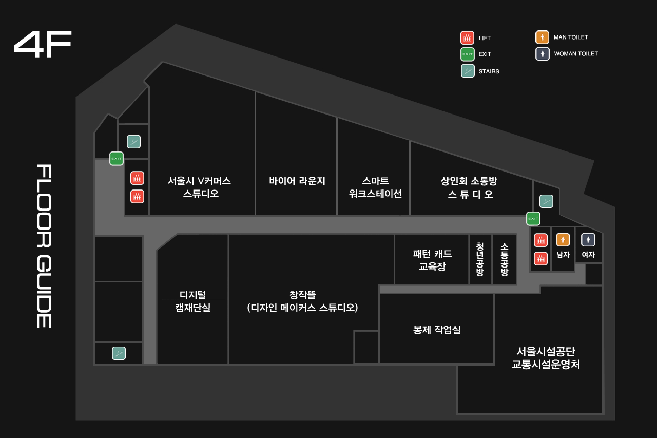 DDP Fashion Mall 4F 안내도.  왼쪽 상단에 A 서울시설공단교통시설운영처가 있으며, 오른쪽 상단에 B 상인소통방 스튜디오가 있으며, 오른쪽 하단에 C 서울디자인재단 사무실이 있고, 그위에 남자화장실과 여자화장실이 있습니다.