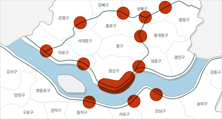 동작구-한강사이, 서초구-강남-한강 사이, 강남구-한강사이, 마포구-한강사이, 은평구-서대문구 사이, 성북구, 중구-동대문구 사이, 용산구-한강사이, 성동구-용산구 사이