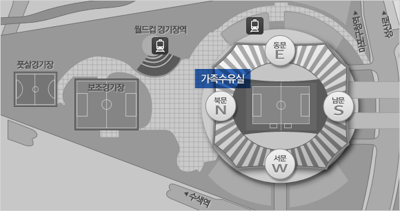 수유실 안내지도. 북문과 동문 사이에 위치하고 있습니다.