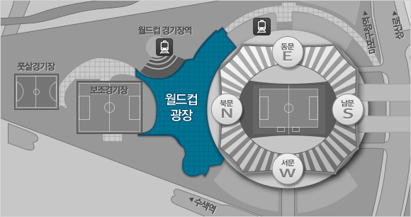 월드컵광장 안내지도 : 풋살경기장, 보조경기장, 월드컵 경기장역, 마포구청역, 성산로, 수색역, 월드컵광장